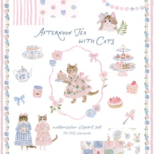 Może przedstawiać: Cyfrowy zestaw clipartów akwarelowych zatytułowany Afternoon Tea with Cats zawierający 79 elementów PNG, w tym koty w kwiecistych sukienkach, serwisy do herbaty, patery na ciasta, truskawkowe torty, słoiki, niebieskie kokardy i kwiatowe obramowania.