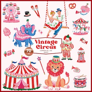 May include: A collection of vintage circus-themed illustrations. Includes a Ferris wheel, a circus tent, a lion, a clown, and a couple on a swing. The text "Vintage Circus" is displayed in a red banner. The image also includes a pink elephant and a gumball machine.
