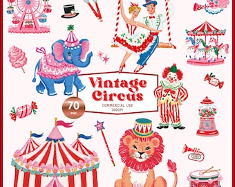 Vintage circus-clipartbundel | Retro carnaval png-afbeeldingen (digitale download)