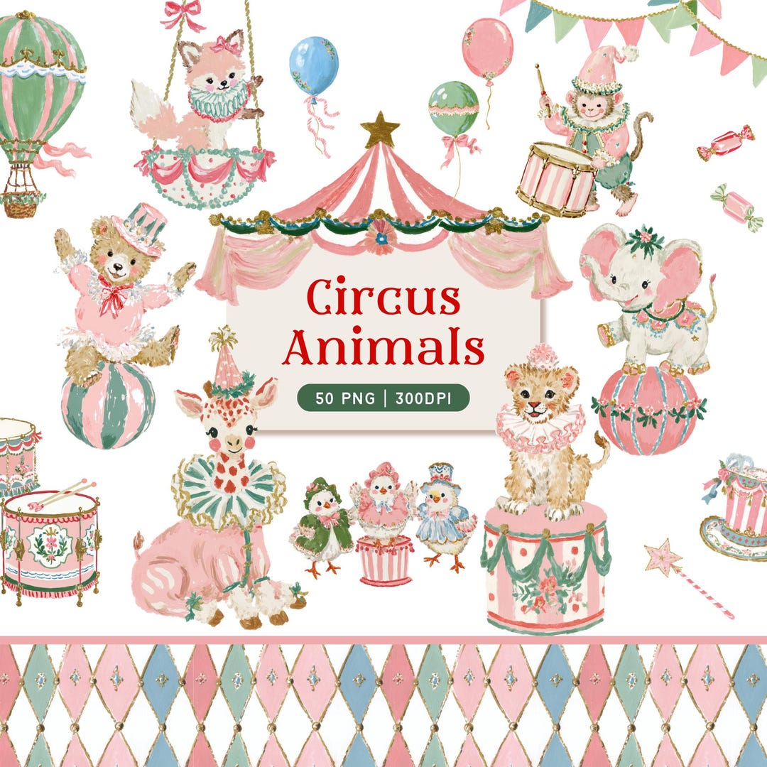 Vintage Circus Baby Animals Clipart, Retro Watercolor Nursery Graphics ...