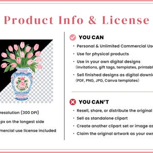 May include: A digital product license document titled Product Info & License featuring a graphic of a blue and white porcelain vase filled with pink tulips. The text outlines usage rights, including personal and commercial use, and restrictions.