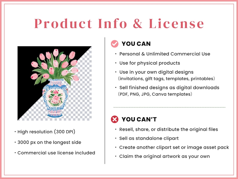 May include: A digital product license document titled Product Info & License featuring a graphic of a blue and white porcelain vase filled with pink tulips. The text outlines usage rights, including personal and commercial use, and restrictions.