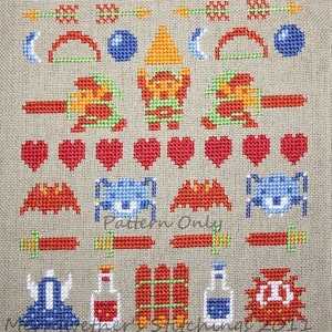 May include: Cross stitch pattern featuring various pixelated characters and items from the classic video game The Legend of Zelda. The pattern includes Link, a heart container, a sword, a potion, and a bomb. The pattern is labeled "Pattern Only".