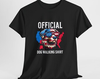 T-shirt officiel pour promener son chien pour les amoureux des chiens | Chien patriotique avec des lunettes de soleil drapeau américain