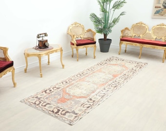 Handgefertigter türkischer Oushak Teppichläufer, Beige Braun Orange, Vintage Bauernhaus (3x9)
