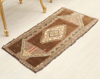2x3 ft Turkish vintage small accent rug | earthy brown tribal geometric hand-knotted wool entryway | bohemian bedside decor
