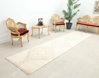 Handmade Oushak Wool Runner Rug, Beige Geometric Hallway Rug (3x12 ft)