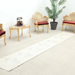 Faded beige 2x12 ft distressed Turkish runner rug | Muted floral wool hallway carpet for entryway | Vintage bohemian home decor