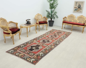 3x10 ft Turkish tribal runner rug | faded terracotta geometric wool hallway carpet | vintage distressed bohemian decor