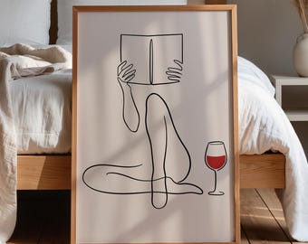 Woman Reading Book with Wine Digital Printable, Cozy Wall Art, Instant Download Decor