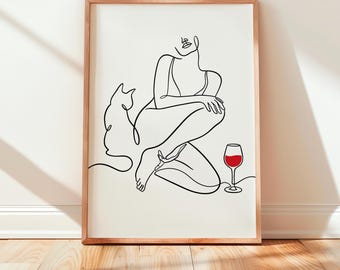 PAWS AND POURS - Elegant Woman Cat Wine Minimalist Line Art, Modern Wall Decor