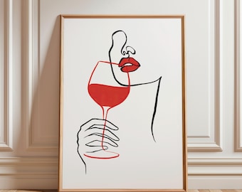 Woman With Wine Line Art Print, Minimalist Wall Decor (Digital Download)