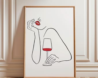 Impression d'art femme avec ligne de vin - décoration de chariot de bar minimaliste (téléchargement numérique)