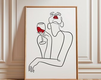 Woman with Wine Line Art Print – Minimalist Female Portrait (Digital Download)