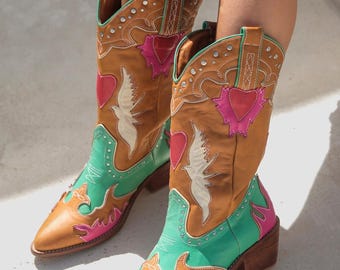 Wing & Heart Cowboy Boots | Aqua Flame