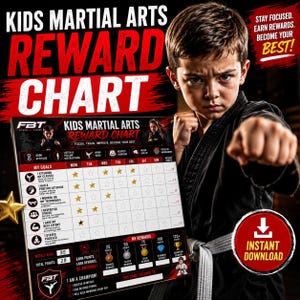 Peut inclure: Un tableau de récompenses pour les arts martiaux pour enfants avec une grille pour suivre les objectifs comme l'assiduité, l'attitude positive et l'effort. Il inclut des colonnes pour les jours, un système de points et des niveaux de récompense.