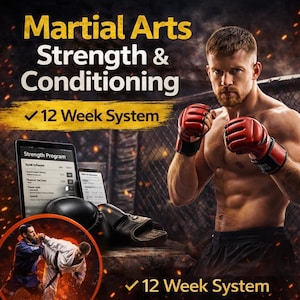 May include: A digital martial arts strength and conditioning 12 week system guide featuring a shirtless fighter wearing red MMA gloves, a tablet displaying a strength program, black boxing gloves, and an inset image of two people sparring.
