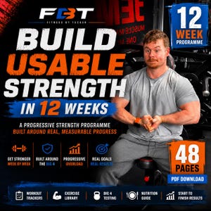 May include: A 12-week fitness program advertisement titled Build Usable Strength in 12 Weeks. The graphic features a person in a gray t-shirt and sweatpants, with text detailing a 48-page PDF download, workout trackers, and nutrition guide.