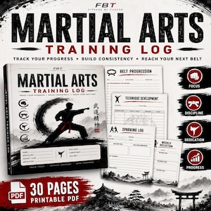 Puede incluir: Un diario de entrenamiento de artes marciales en PDF con 30 páginas imprimibles. La portada muestra una ilustración en blanco y negro de un artista marcial en posición, con texto que incluye Martial Arts Training Log y Track Your Progress.