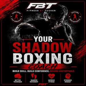 Puede incluir: Un gráfico en negro y rojo que promociona "Your Shadow Boxing Coach" con el texto "FBT Fitness by Tucker". La imagen presenta un boxeador e iconos para una mejor técnica, movimientos más precisos, mejor estado físico y una mentalidad más fuerte. También se incluyen las palabras "Train Smart, Stay Consistent" y "Become Unstoppable".