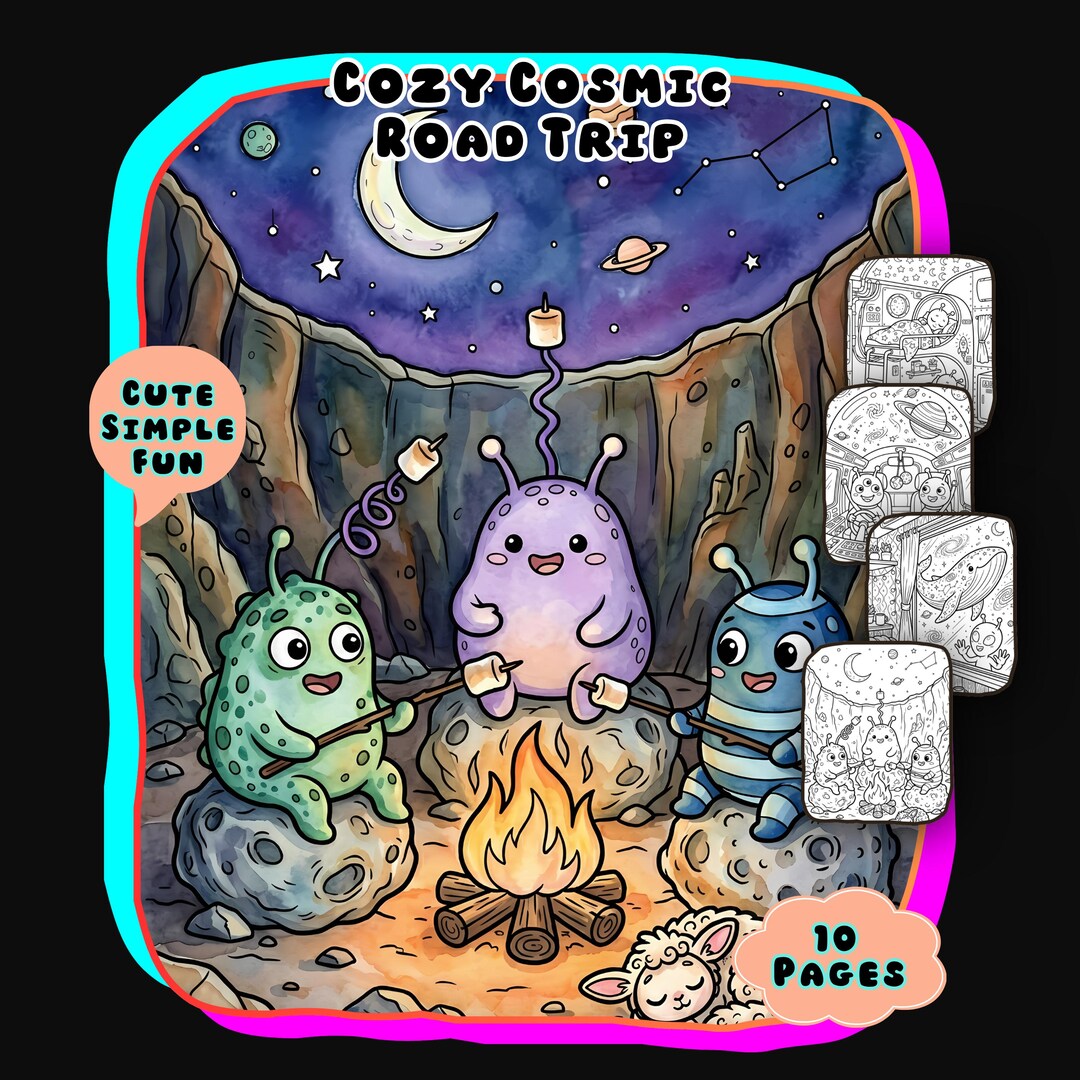 Cozy Cosmic Road Trip Coloring Book, Cute Alien RV Art, Space Adventure ...