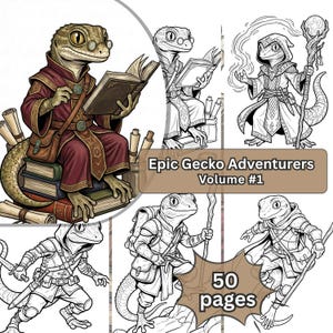 Libro da colorare premium Gecko Adventurers / Illustrazioni fantasy in formato PDF / (Download digitale) (Vol. 1)