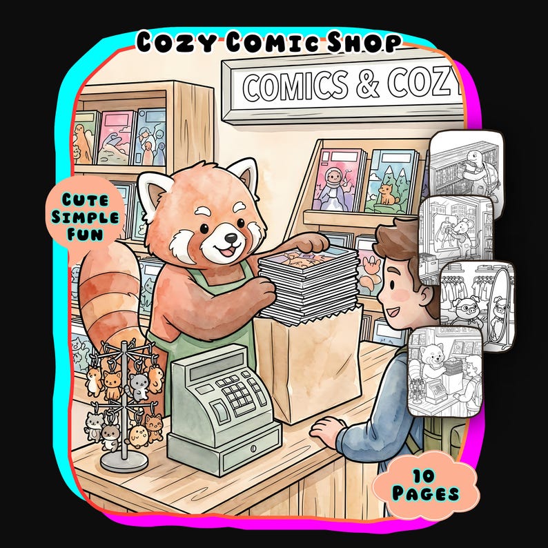 Turtle Shopkeeper Cozy Comic Shop Coloring Book, Comic Store Art Pages, Geeky Animal ...