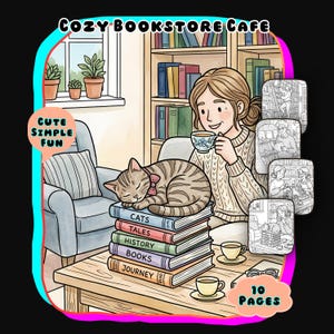 Book Lover Coloring Book, Cozy Bookstore Cafe, Coffee Shop Scenes, Relaxing Hobby Art, Instant Download PDF