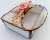 Vintage Stained Beveled Oval Glass w Lace Decoration Hinged Chain Small Jewelry Trinket Box