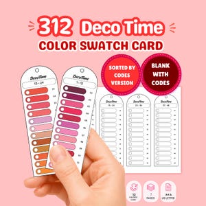 Peut inclure: Un ensemble de cartes d'échantillons de couleurs DecoTime comprenant 312 emplacements sur 7 pages. Les cartes blanches affichent des plages numérotées et des indicateurs circulaires. Le texte indique 312 Deco Time COLOR SWATCH CARD.