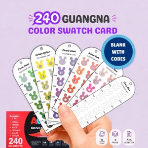 May include: A 240 Guangna color swatch card set featuring six white paper strips with rabbit-shaped cutouts for color testing. Each strip displays color names, numerical codes, and labels like Fresh Green, Golden Yellow, Purple Violet, and Warm Reds.