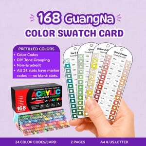 May include: A GuangNa 168 color swatch card set featuring four vertical paper strips with circular color samples and numerical codes. The set includes a black box of 168 acrylic brush markers and text detailing prefilled colors, DIY tone grouping, and non-gradient features. The cards are labeled with color categories like Teal, Green, Yellow, and Red.