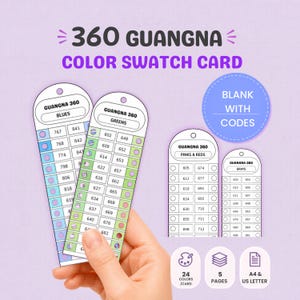 May include: Color swatch cards with the text "360 GUANGNA COLOR SWATCH CARD." The cards are labeled "Blues," "Greens," "Pinks & Reds," and "Grays." Each card displays color swatches with corresponding codes. The image also shows icons for 24 colors per card, 5 pages, and A4 & US Letter.