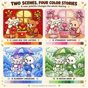 May include: A graphic titled TWO SCENES, FOUR COLOR STORIES showing four illustrations of a sheep and bear. The top panels show them gardening in red and pink palettes. The bottom panels show them walking in rain in blue and green palettes.