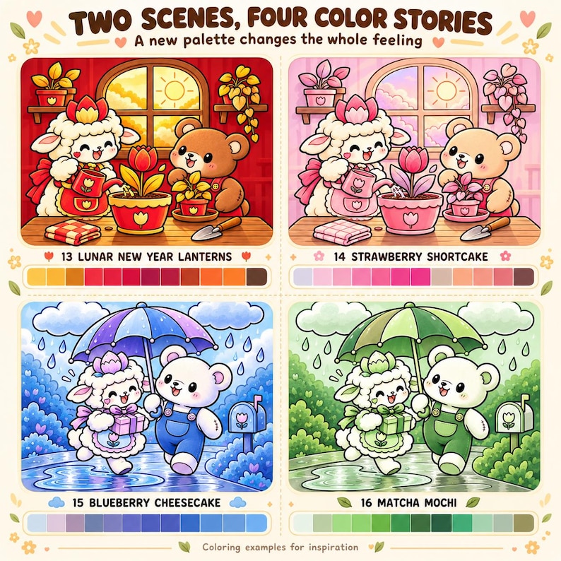 May include: A graphic titled TWO SCENES, FOUR COLOR STORIES showing four illustrations of a sheep and bear. The top panels show them gardening in red and pink palettes. The bottom panels show them walking in rain in blue and green palettes.