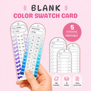Pode incluir: Um conjunto de cartões de amostra de cores em branco imprimíveis com cinco versões, apresentando ícones em forma de laço, coração e folha para testar cores. Os cartões incluem campos para marca e nome do conjunto, com o texto BLANK COLOR SWATCH CARD, 5 VERSIONS PRINTABLE, 24 COLORS, 5 PAGES e A4 & US LETTER.
