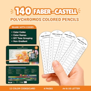 Op de afbeelding: Een set van 140 Faber-Castell Polychromos kleurpotlood-staalkaarten, bestaande uit vier pagina's met 12 kleurcodes per kaart. De kaarten bevatten lege vakjes voor kleurnamen en codes, beschikbaar in digitaal formaat voor A4 en US Letter.