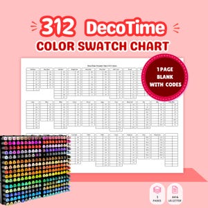 May include: A DecoTime color swatch chart with 312 color codes organized in a grid, featuring a large white sheet with black text and a red circular badge stating 1 PAGE BLANK WITH CODES. A stack of markers with colored caps is in the foreground.
