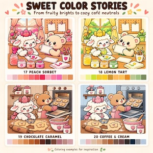 May include: A digital art sheet titled SWEET COLOR STORIES featuring four panels of a lamb and bear character. Panels show the characters painting and baking with color palettes labeled 17 PEACH SORBET, 18 LEMON TART, 19 CHOCOLATE CARAMEL, and 20 COFFEE & CREAM.