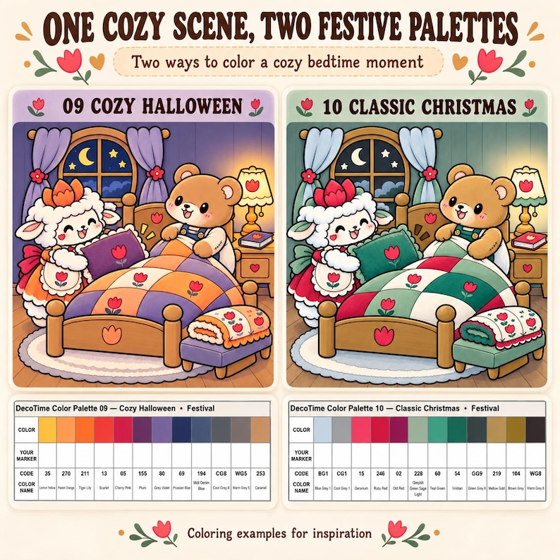 May include: A coloring guide titled One Cozy Scene, Two Festive Palettes featuring two illustrations of a bear and a sheep in a bedroom. The left side shows a Cozy Halloween theme with purple and orange tones, while the right shows Classic Christmas.