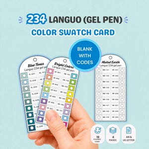 以下が含まれることがあります： Languo 234ゲルペン用カラー見本カードセット。円形のカラーサンプルと英数字コードが記載された3枚の縦型タグが含まれており、それぞれBlue Tones、Bright Colors、Muted Earthとラベル付けされ、空白のバージョンも付属しています。