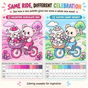 May include: A comparison graphic titled SAME RIDE, DIFFERENT CELEBRATION showing two illustrations of a lamb and bear on a bicycle. The left side, 11 VALENTINE CHOCOLATE BOX, uses pink tones. The right side, 12 EASTER CANDY BASKET, uses blue and green tones.