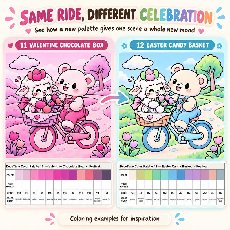 May include: A comparison graphic titled SAME RIDE, DIFFERENT CELEBRATION showing two illustrations of a lamb and bear on a bicycle. The left side, 11 VALENTINE CHOCOLATE BOX, uses pink tones. The right side, 12 EASTER CANDY BASKET, uses blue and green tones.