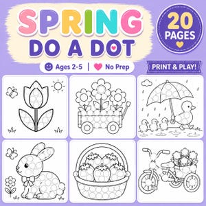Op de afbeelding: Een kleurrijke educatieve activiteitenset getiteld "Spring Do A Dot" met de tekst "20 Pagina's" en "Print & Play!". De set bevat dot-to-dot pagina's met lentethema's zoals een tulp, konijn en eendjes.