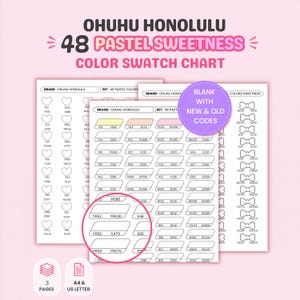 May include: Ohuhu Honolulu 48 Pastel Sweetness color swatch chart with three pages in A4 and US Letter sizes. The sheets feature blank heart and bow shapes with alphanumeric codes for markers, including a purple circle highlighting new and old codes.