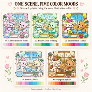 May include: A graphic display titled ONE SCENE, FIVE COLOR MOODS featuring five variations of an illustration showing a sheep and a bear cooking pancakes. Each panel includes a unique color palette labeled 01 Cherry Blossom Picnic, 02 Fresh Garden Morning, 03 Tropical Fruit Market, 04 Seaside Gelato, and 05 Pumpkin Harvest.
