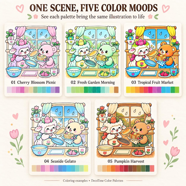 May include: A graphic display titled ONE SCENE, FIVE COLOR MOODS featuring five variations of an illustration showing a sheep and a bear cooking pancakes. Each panel includes a unique color palette labeled 01 Cherry Blossom Picnic, 02 Fresh Garden Morning, 03 Tropical Fruit Market, 04 Seaside Gelato, and 05 Pumpkin Harvest.