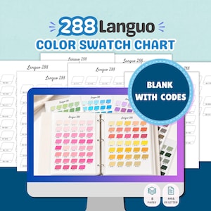 May include: A 288 Languo colour swatch chart displayed on a computer monitor, featuring a binder with pages of pink, yellow, and orange colour samples. The background shows multiple blank pages with codes, and a circular badge reads BLANK WITH CODES.