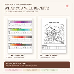 May include: A printable bundle featuring a color palette guide with 312 unique codes and a coloring page titled Spring Bicycle Ride showing a bear and a lamb on a bicycle. The document includes text headers like What You Will Receive and 4 Printable PDF Files.