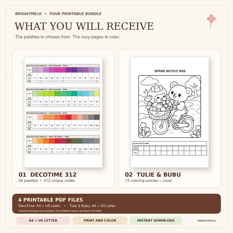 May include: A printable bundle featuring a color palette guide with 312 unique codes and a coloring page titled Spring Bicycle Ride showing a bear and a lamb on a bicycle. The document includes text headers like What You Will Receive and 4 Printable PDF Files.